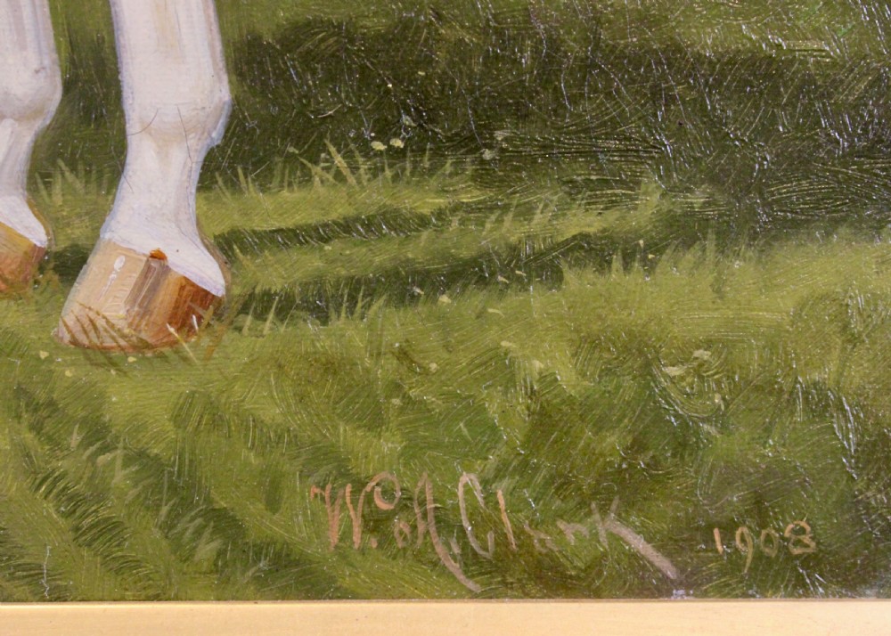 An antique framed oil painting depicting a dark brown Hackney horse standing in profile across a green pasture under a cloudy sky. View VIII