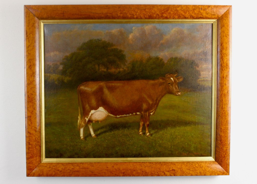 An Edwardian oil painting depicts a brown cow standing in a grassy field before trees, presented within a wide figured maple wood frame with a gold slip.