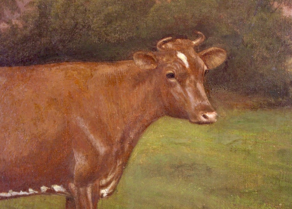 An Edwardian oil painting depicts a brown cow standing in a grassy field before trees, presented within a wide figured maple wood frame with a gold slip. View III