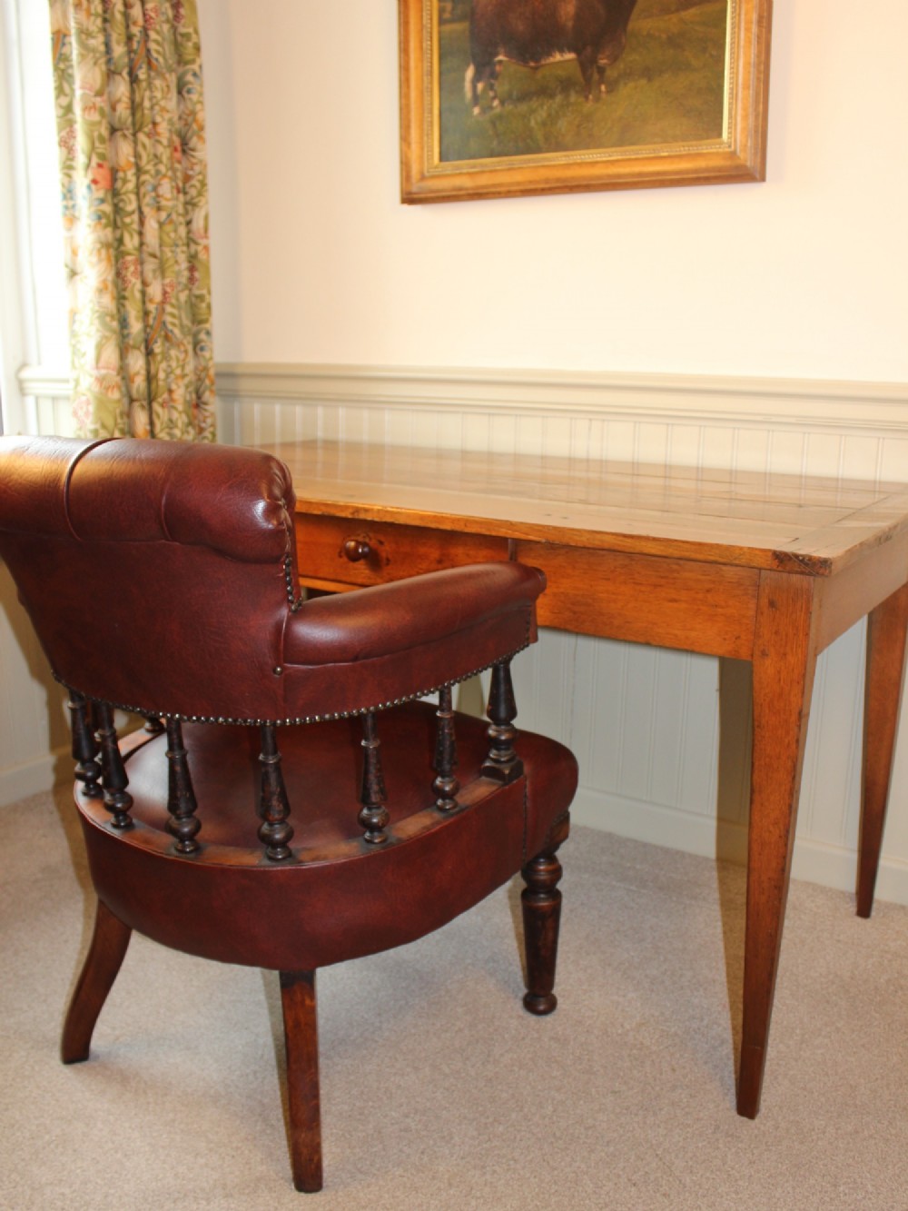 A 19th-century French provincial oak farmhouse table featuring a rectangular plank top, a single frieze drawer with a wooden knob, and four tapered square legs. View VIII