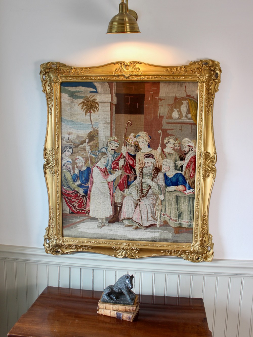 A large Victorian gilt-framed Berlin woolwork picture depicting a detailed biblical scene of Pharaohs dream with embroidered figures. View II