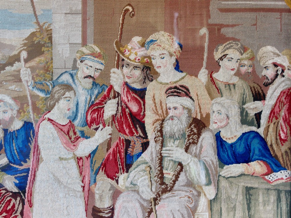 A large Victorian gilt-framed Berlin woolwork picture depicting a detailed biblical scene of Pharaohs dream with embroidered figures. View III