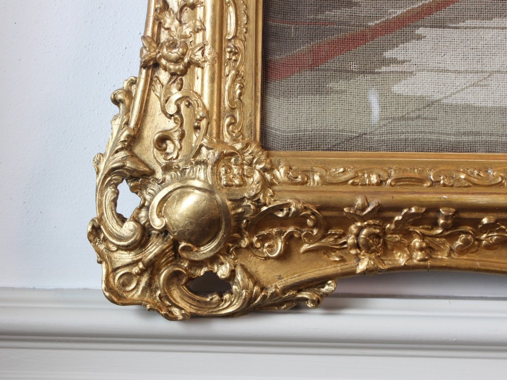 A large Victorian gilt-framed Berlin woolwork picture depicting a detailed biblical scene of Pharaohs dream with embroidered figures. View IV