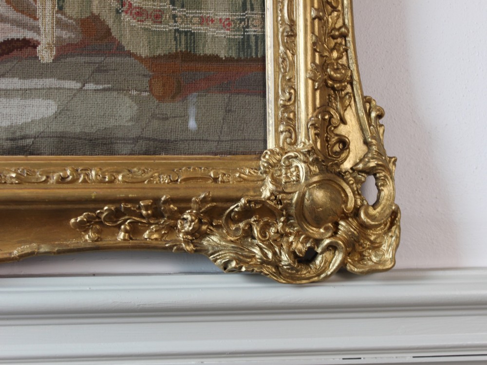A large Victorian gilt-framed Berlin woolwork picture depicting a detailed biblical scene of Pharaohs dream with embroidered figures. View V