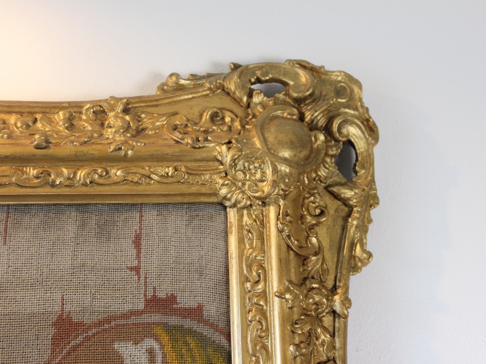 A large Victorian gilt-framed Berlin woolwork picture depicting a detailed biblical scene of Pharaohs dream with embroidered figures. View VI