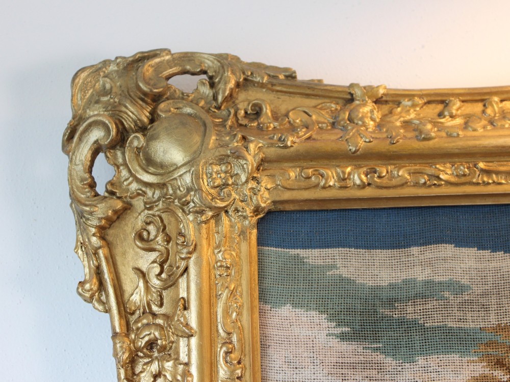 A large Victorian gilt-framed Berlin woolwork picture depicting a detailed biblical scene of Pharaohs dream with embroidered figures. View VII