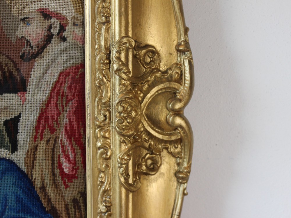 A large Victorian gilt-framed Berlin woolwork picture depicting a detailed biblical scene of Pharaohs dream with embroidered figures. View X