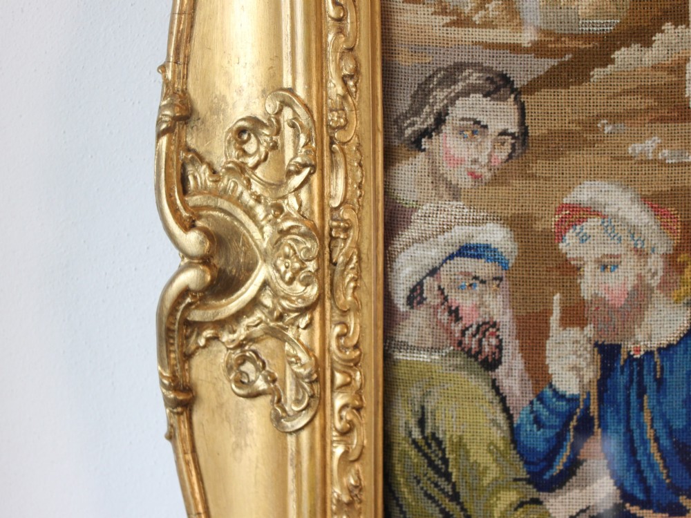 A large Victorian gilt-framed Berlin woolwork picture depicting a detailed biblical scene of Pharaohs dream with embroidered figures. View XI