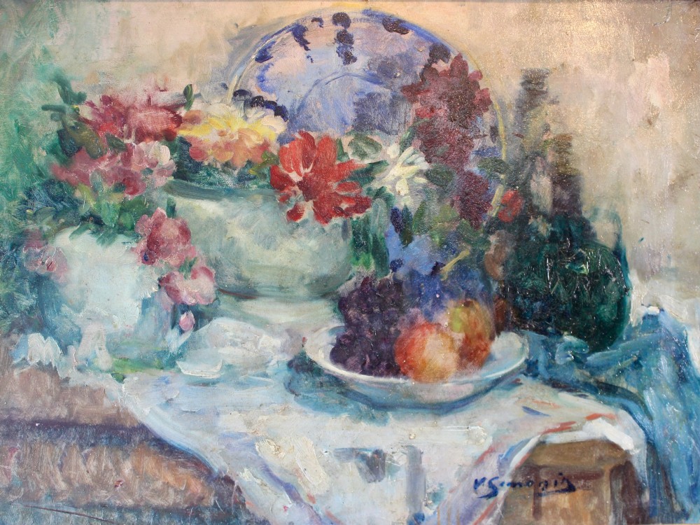 An impressionist still life oil painting on canvas depicting flowers and fruit in ceramic vessels, set within a beaded gilt wooden frame. View III