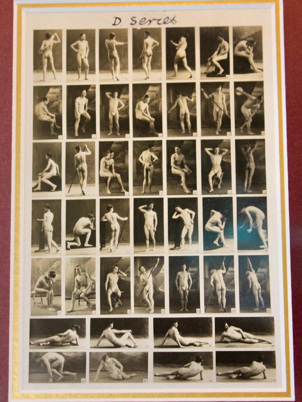A framed 1920s monochrome photographic contact sheet displaying multiple male nude poses, mounted on burgundy card within a dark timber frame with gilt detailing. View V