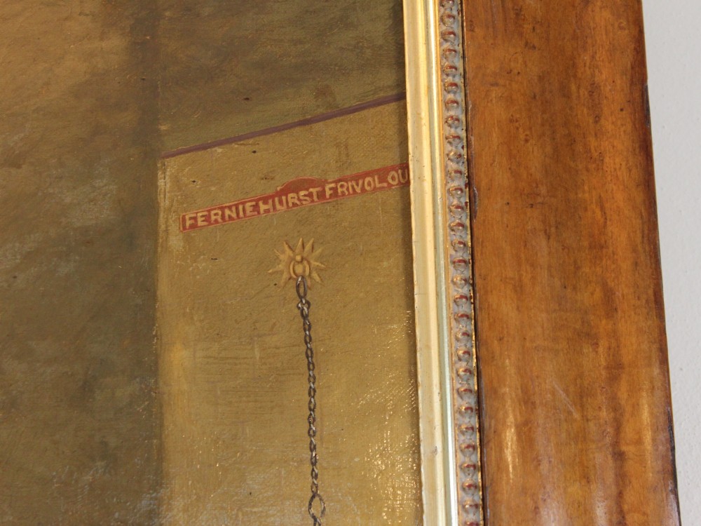 An antique oil painting depicting a bay horse standing inside a straw-filled stable within a wide timber frame. View III