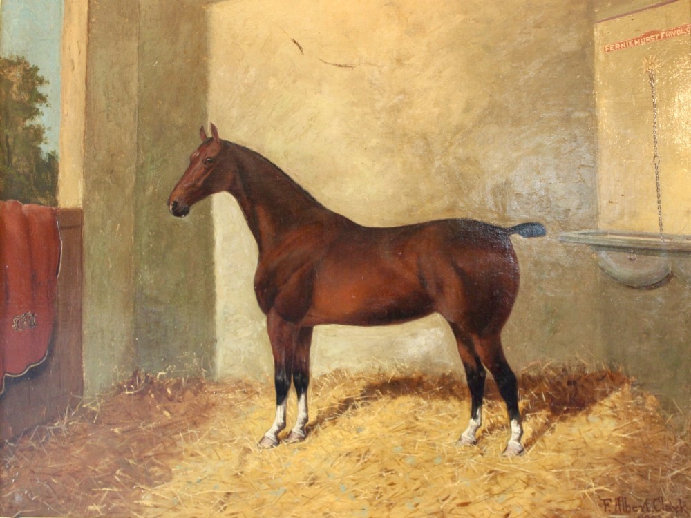 An antique oil painting depicting a bay horse standing inside a straw-filled stable within a wide timber frame. View IV