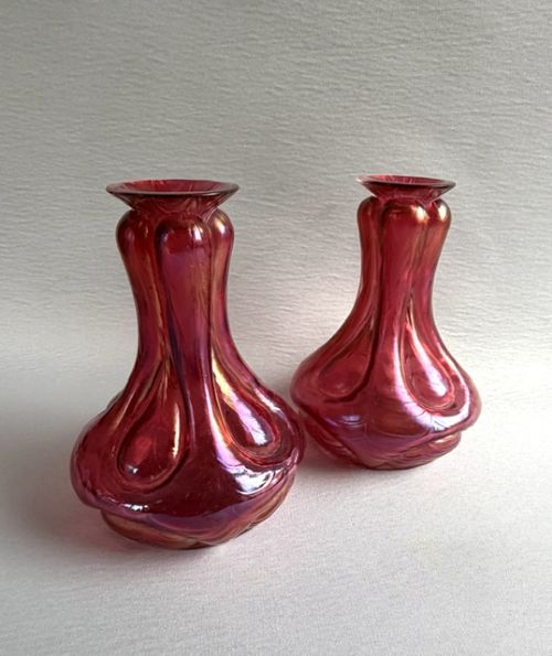 A Super Pair of Art Nouveau Kralik Iridescent Stem Vases
