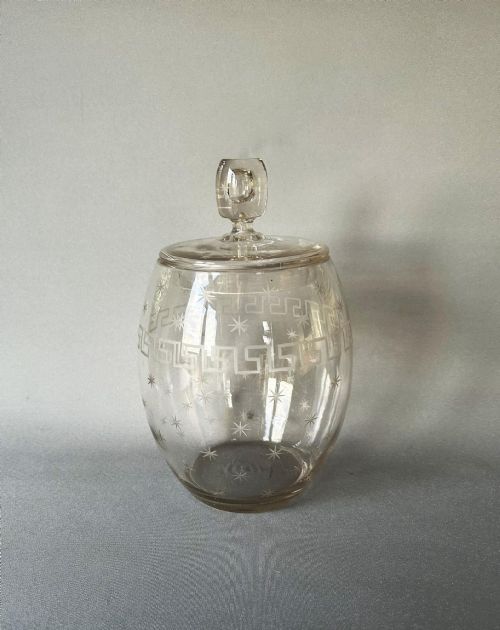 A Charming Edwardian Star & Greek Key Etched Biscuit Barrel