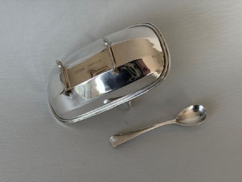 An Edwardian sterling silver trug-shaped condiment dish featuring a gilded interior, central arched handle, four small feet, and an accompanying silver spoon. View VI