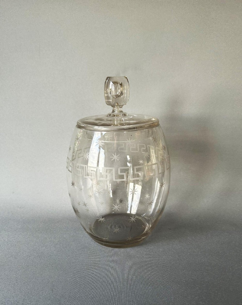 A charming Edwardian Star & Greek Key Etched Biscuit Barrel