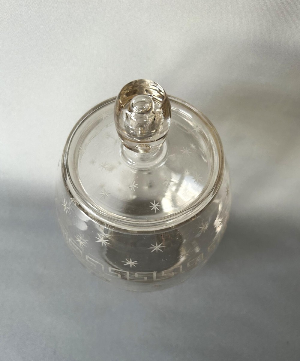 A charming Edwardian Star & Greek Key Etched Biscuit Barrel View II