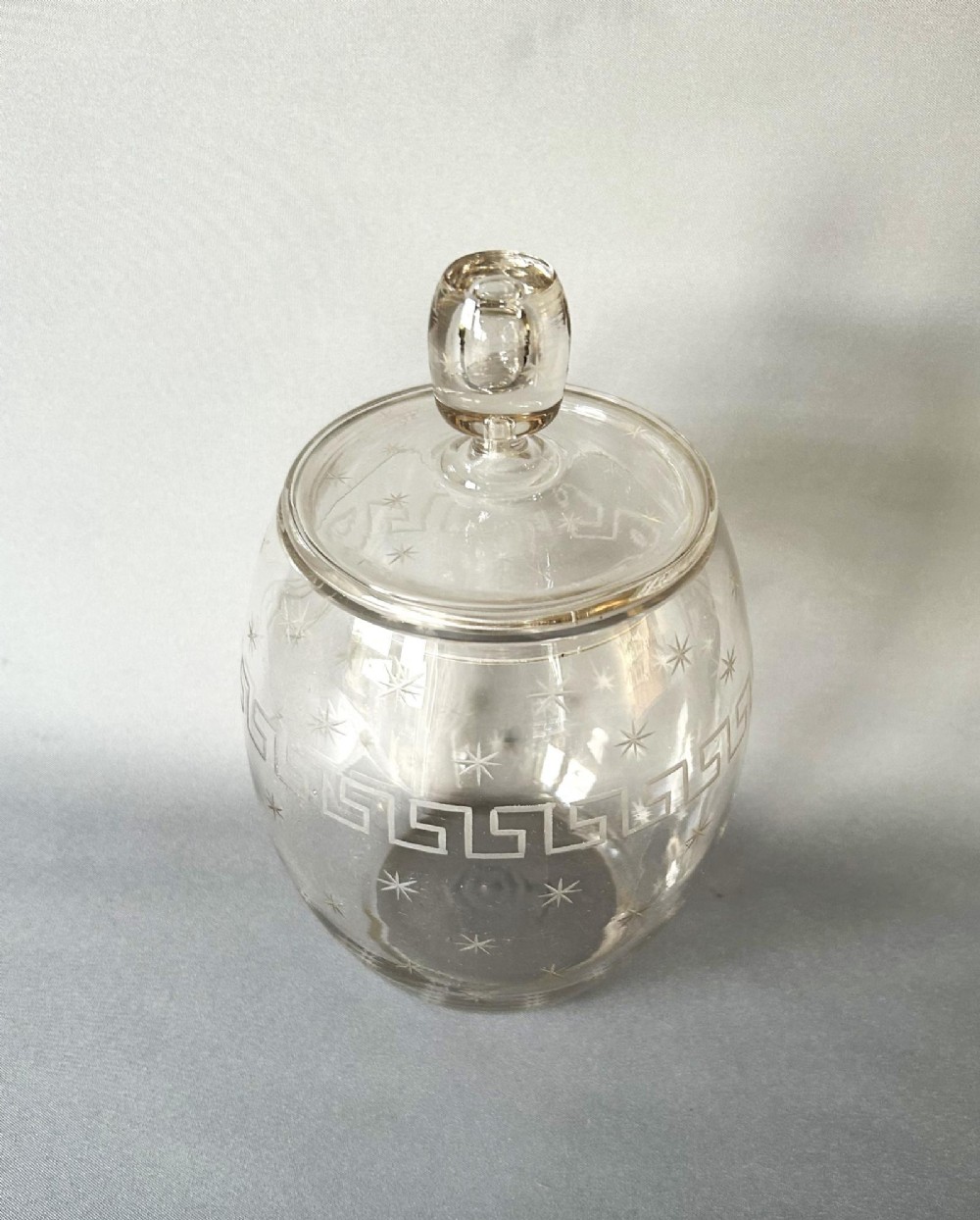 A charming Edwardian Star & Greek Key Etched Biscuit Barrel View III