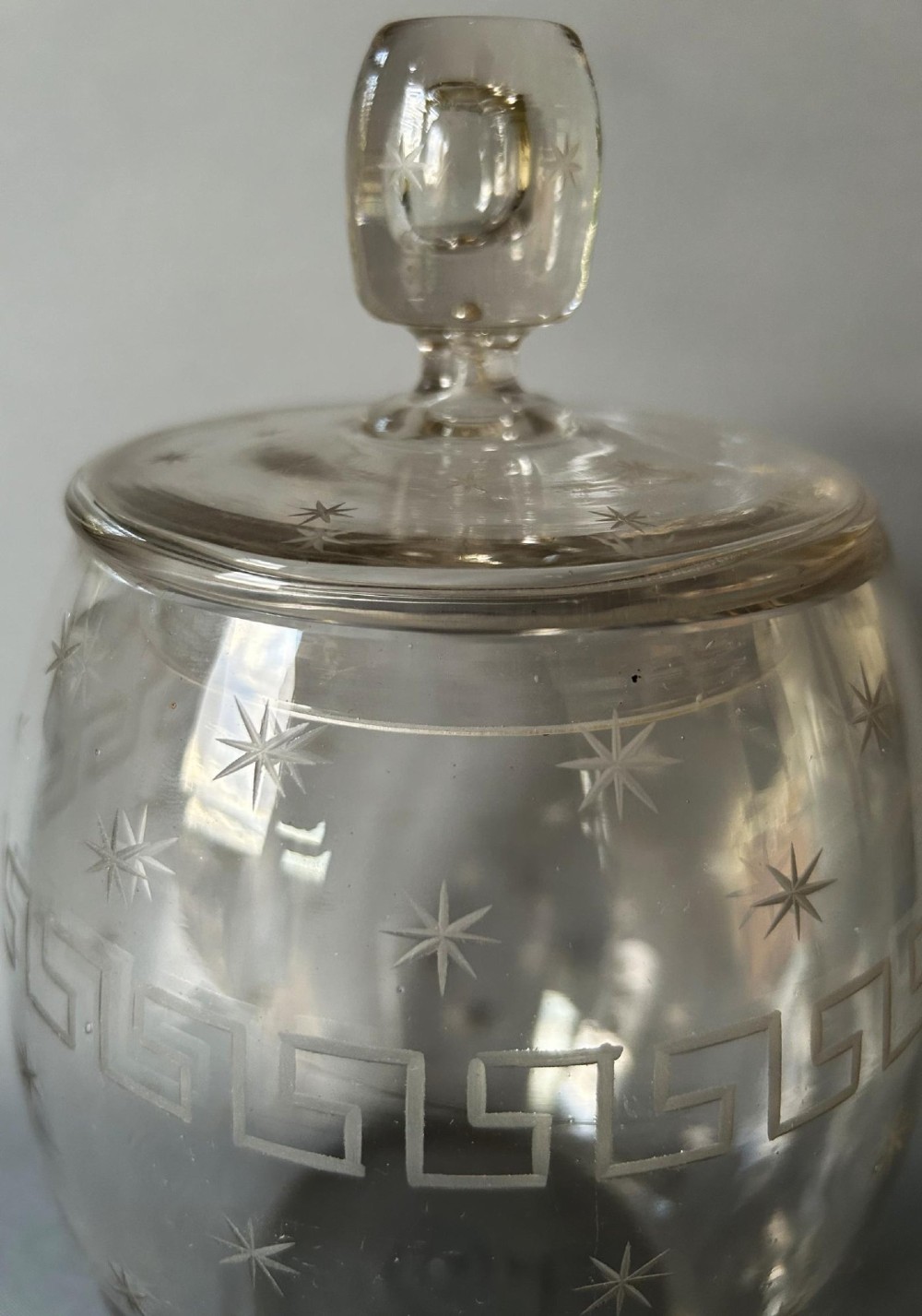 A charming Edwardian Star & Greek Key Etched Biscuit Barrel View IV