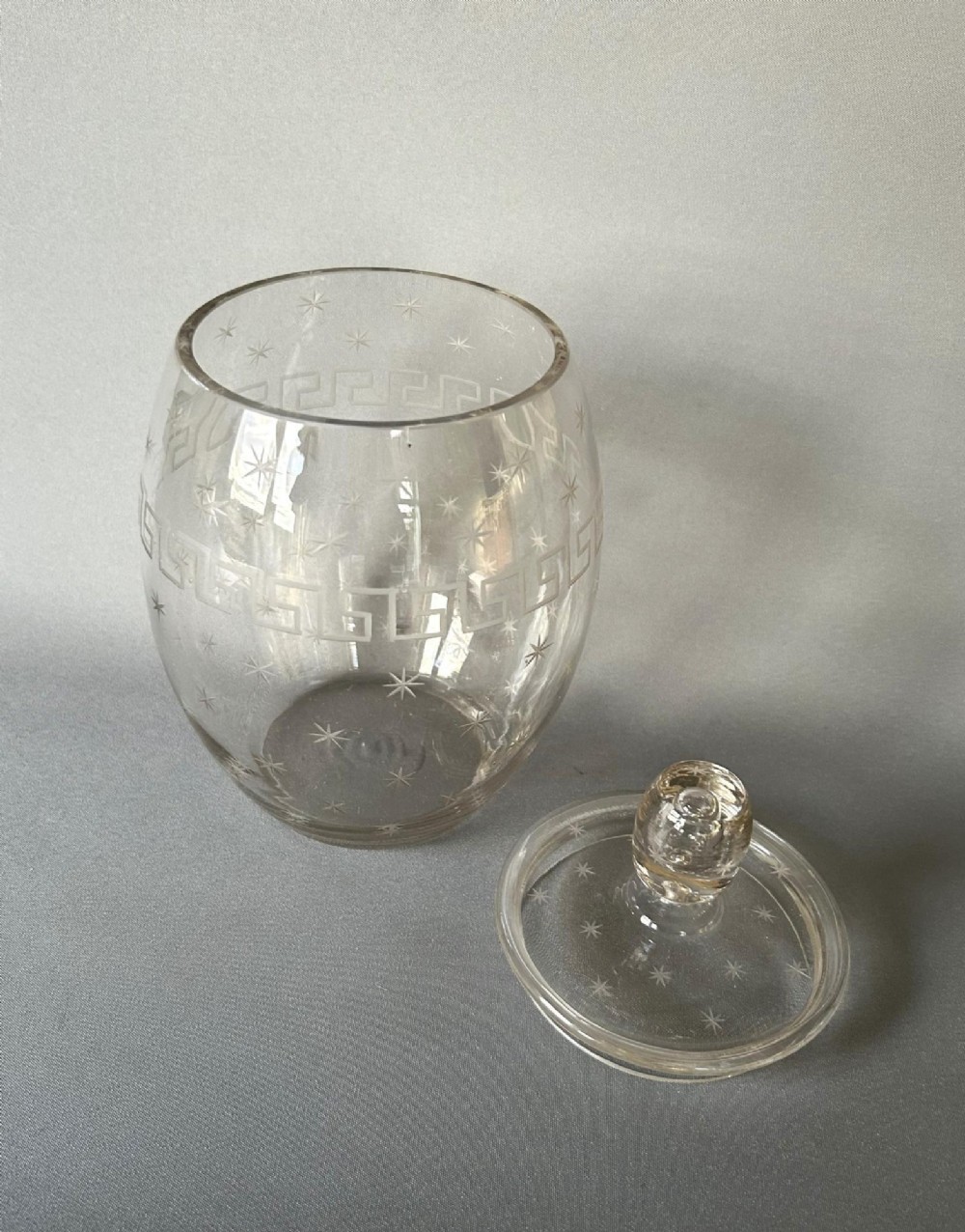 A charming Edwardian Star & Greek Key Etched Biscuit Barrel View V