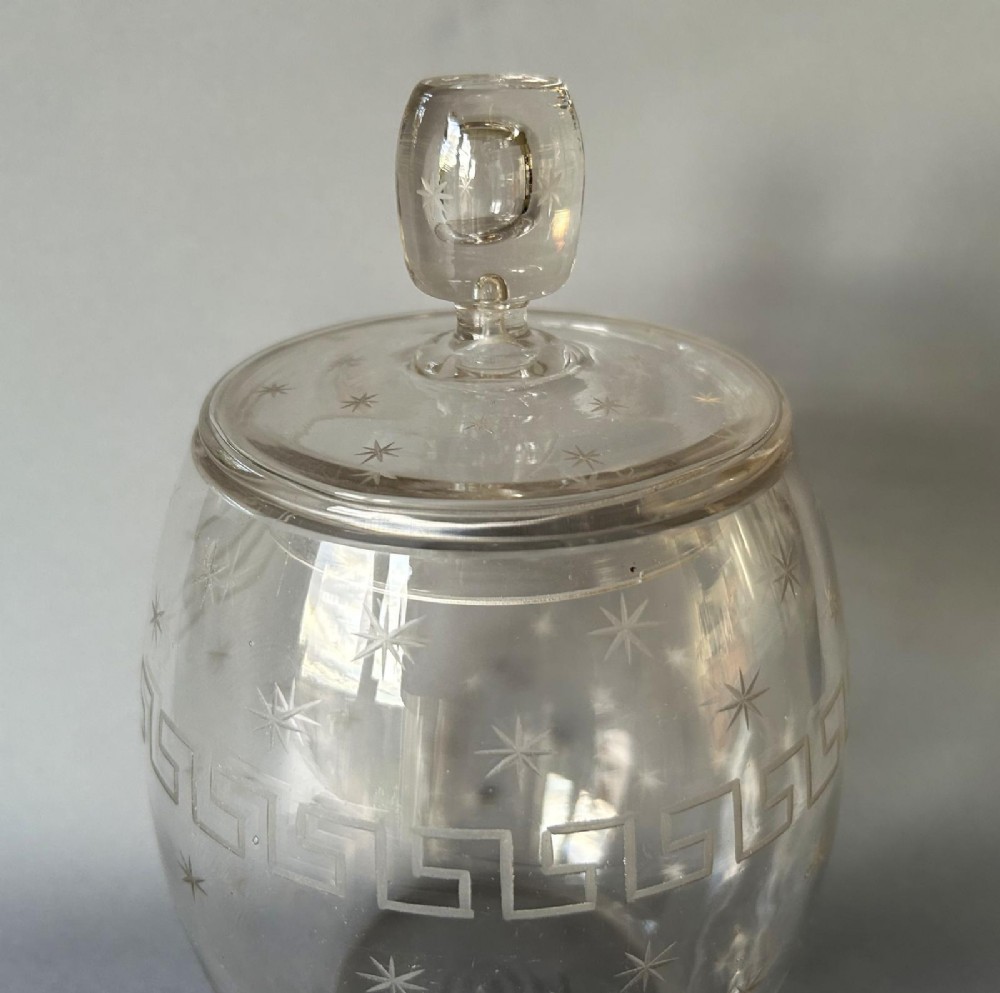 A charming Edwardian Star & Greek Key Etched Biscuit Barrel View VI