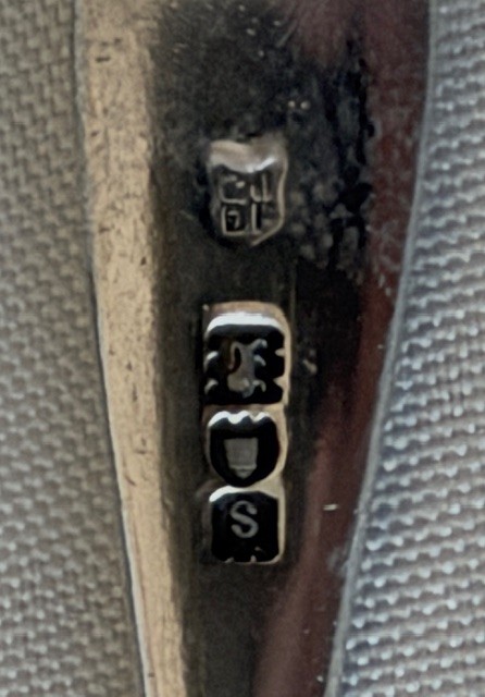 An Edwardian sterling silver trug-shaped condiment dish featuring a gilded interior, central arched handle, four small feet, and an accompanying silver spoon. View VIII