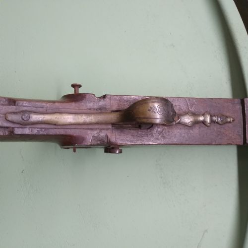 ANTIQUE CROSSBOW MATERIAL WO0D IRON AND BRASS EMBELLISHMENTS - ADDITIONAL PHOTO 1