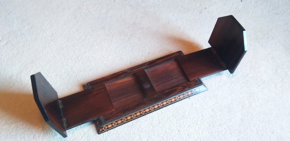 An antique wooden expanding book slide featuring detailed Tunbridge ware mosaic inlays on two folding end arches and along the base border. View II