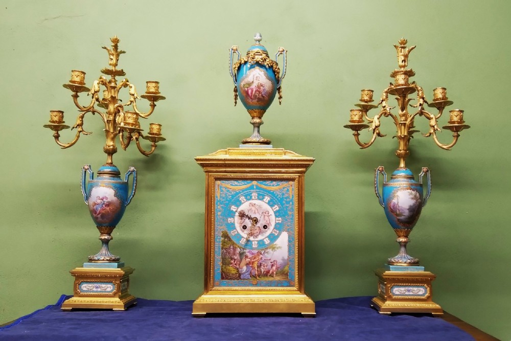 ANTIQUE  HUGE ORMOLU AND SEVRES   CLOCK SET
