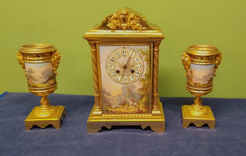 ANTIQUE FRENCH ORMOLU AND SEVRES CLOCKS SET