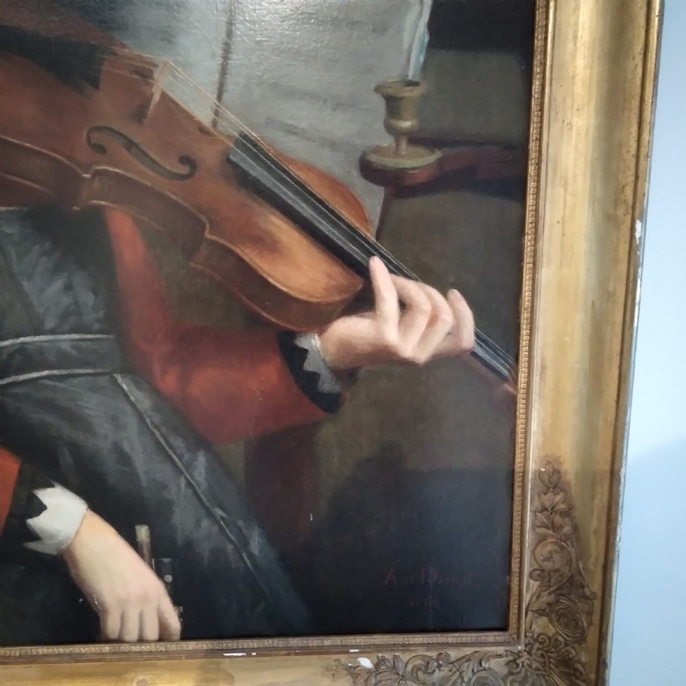 An antique oil portrait on canvas showing a young person with long dark hair playing a violin, set in a carved gilt frame. View III