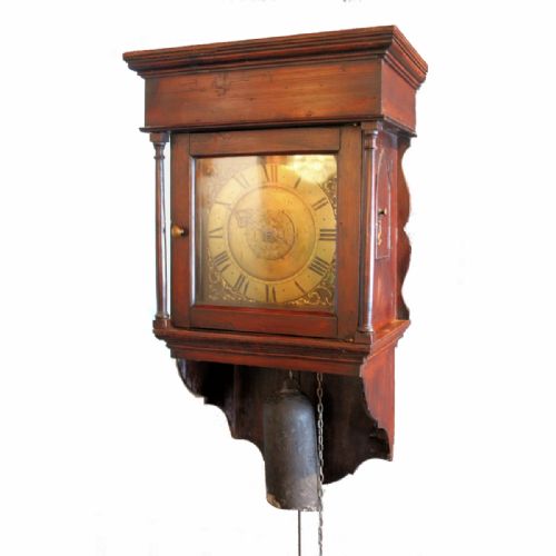 fig 1. GEORGE III HOODED WALL CLOCK IN ORIGINAL STAINED PINE CASE CIRCA 1760