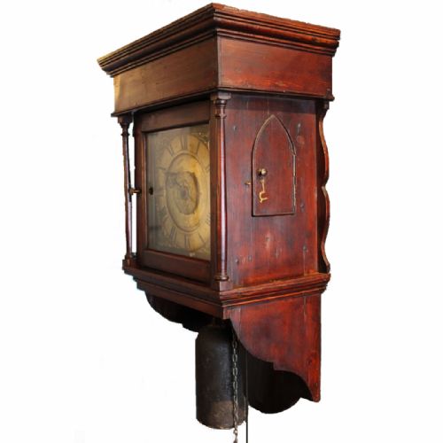 fig 2. GEORGE III HOODED WALL CLOCK IN ORIGINAL STAINED PINE CASE CIRCA 1760