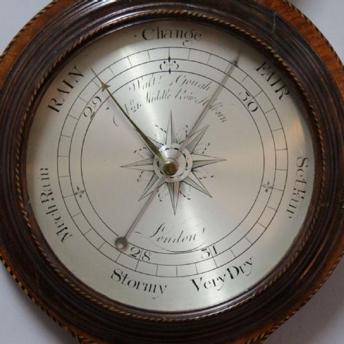 RARE EARLY SHERATON SHELL INLAID MAHOGANY BANJO BAROMETER FIRST PERIOD BY WALTER GOUGH LONDON CIRCA 1785 - ADDITIONAL PHOTO 3