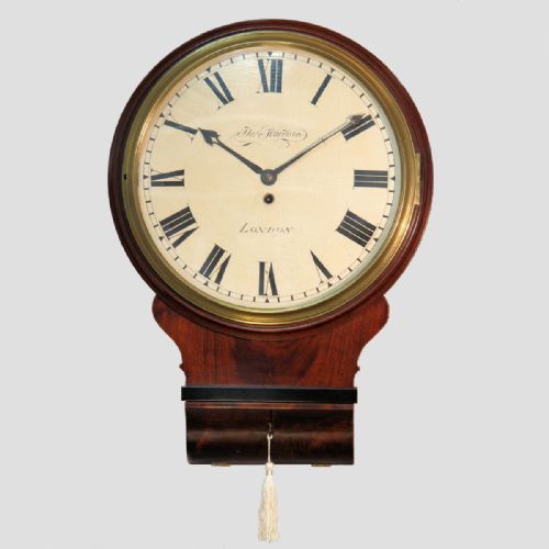 a good english dropdial mahogany wall clock with a wooden dial by thomas harrison of london circa 1810 - CATEGORY: ANTIQUE CLOCKS - DATED 19TH CENTURY