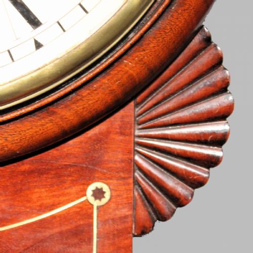 A LATE REGENCY ENGLISH DROPDIAL FUSEE WALL CLOCK IN A BRASS INLAID MAHOGANY CASE BOWED DIAL BY THOMAS LINDEY OF BRISTOL CIRCA 1830 - ADDITIONAL PHOTO 2