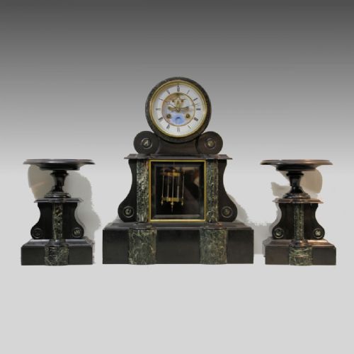 LARGE FRENCH GARNITURE CLOCK SET WITH A RARE 'PENNY MOON' DIAL SHOWING PHASES OF THE MOON CIRCA 1875