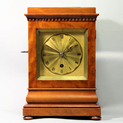 ENGLISH 5 GLASS SATINWOOD LIBRARY CLOCK WITH A CHAIN FUSEE MOVEMENT AND ENGINE TURNED GILDED DIAL CIRCA 1850