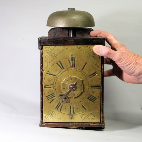 rare english weight driven wall clock with alrum by james woodcirca late 17th century - CATEGORY: ANTIQUE CLOCKS - DATED 17TH CENTURY