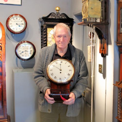 A SMALL REGENCY PERIOD ENGLISH FUSEE DROPDIAL WALL CLOCK WITH A WOODEN DIALCIRCA 1820 - ADDITIONAL PHOTO 1