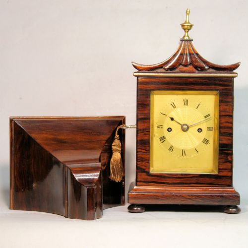 RARE MINIATURE ENGLISH FUSEE BRACKET MANTEL OR LIBRARY CLOCK IN A ROSEWOOD CASE AND WITH AN OPTIONAL WALL BRACKET CIRCA 1845