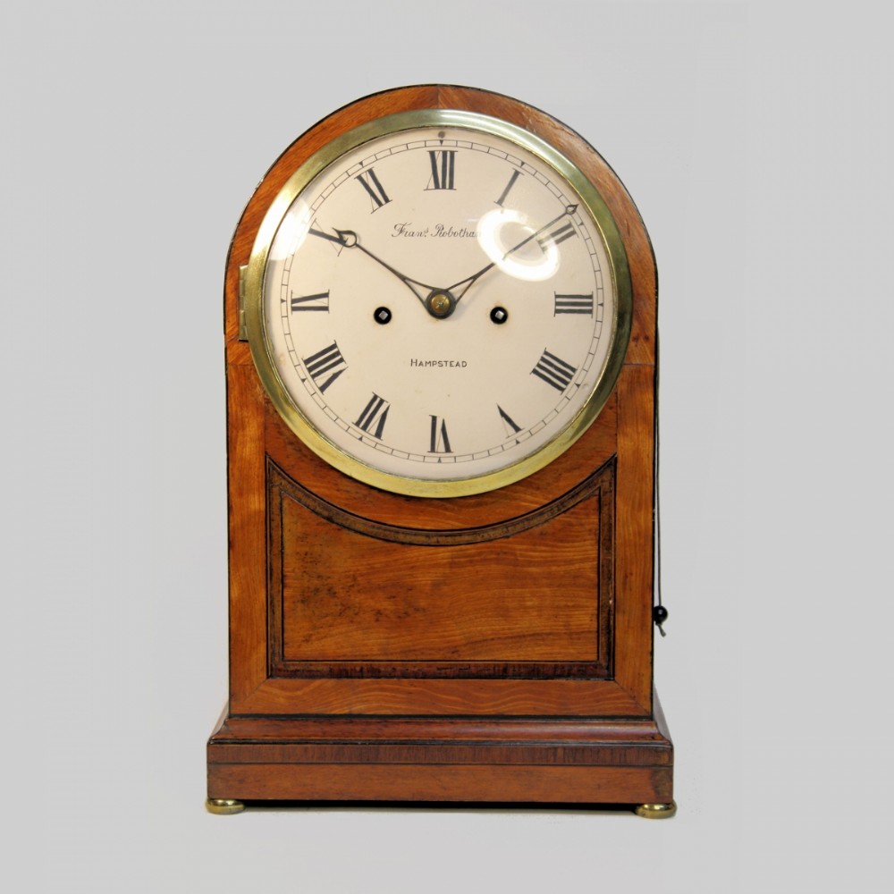 ARCHED FUSEE BRACKET CLOCK IN A MIXED WOOD CASE. SIGNED FRANCIS ROBOTHAM, HAMPSTEAD. CIRCA 1800.
