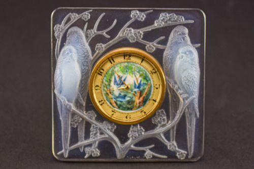 Rene Lalique Opalescent Inseparables Clock with Painted Dial