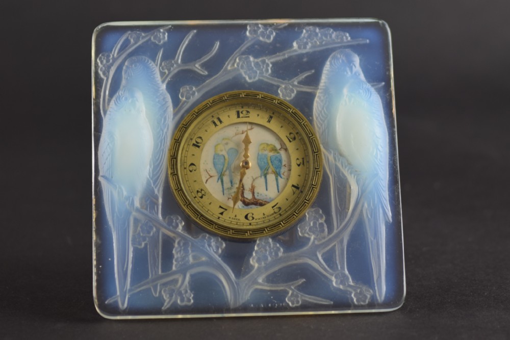 Rene Lalique Opalescent Inseparables Clock with Painted Dial