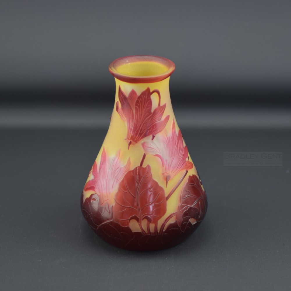 Emile Galle red & yellow floral cameo glass vase C1900