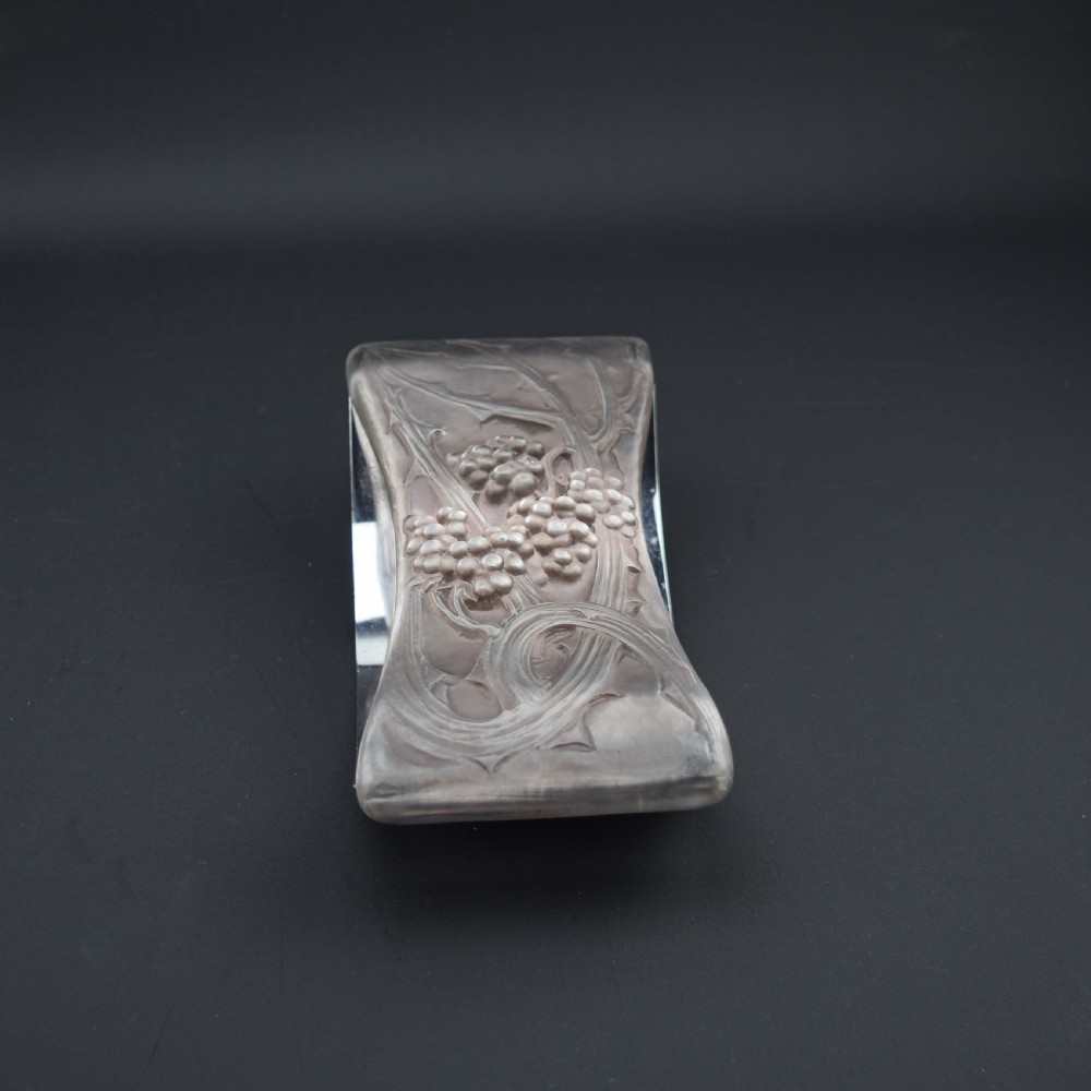 A rectangular Rene Lalique Art Deco clear and frosted glass rocker blotter handle featuring moulded blackberry and foliage decoration. View III