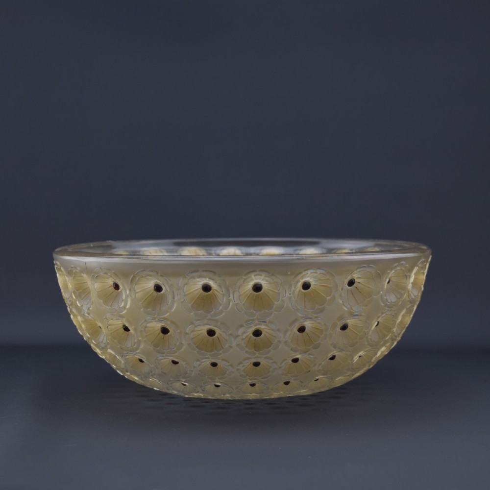RENE LALIQUE NEMOURS BOWL SEPIA STAINED WITH BLACK ENAMEL