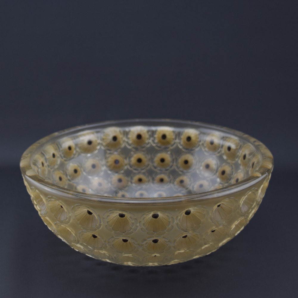 RENE LALIQUE NEMOURS BOWL SEPIA STAINED WITH BLACK ENAMEL View II