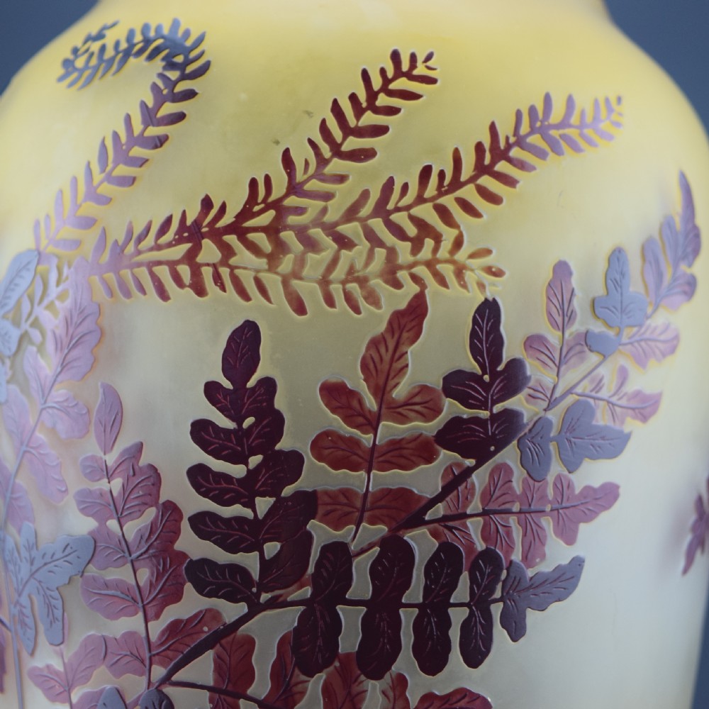 An Art Nouveau cameo glass vase featuring frosted yellow glass acid-etched with dark burgundy fern leaf motifs. View XI