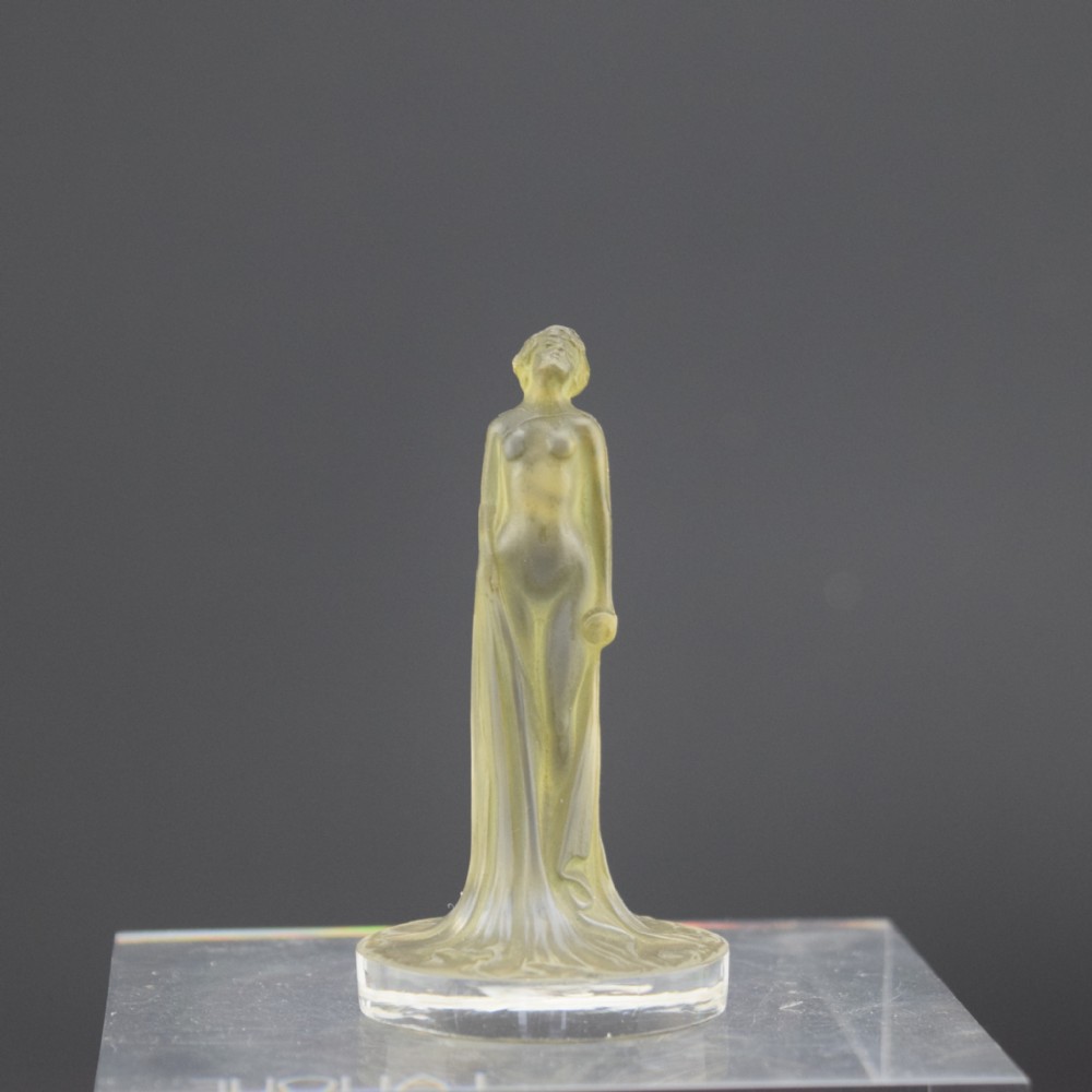 Rene Lalique Statuette drapee clear & frosted with green staining seal C1919